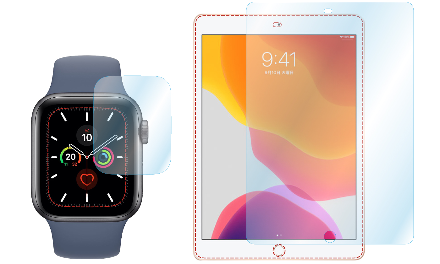 「Apple Watch Series5/4」、「iPad 10.2インチ(第7世代)」用保護フィルム画像